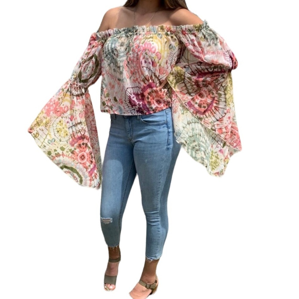 NWT Live 4 Truth Floral Boho Hippie Bell Sleeves Cropped Off Shoulder Flowy XS